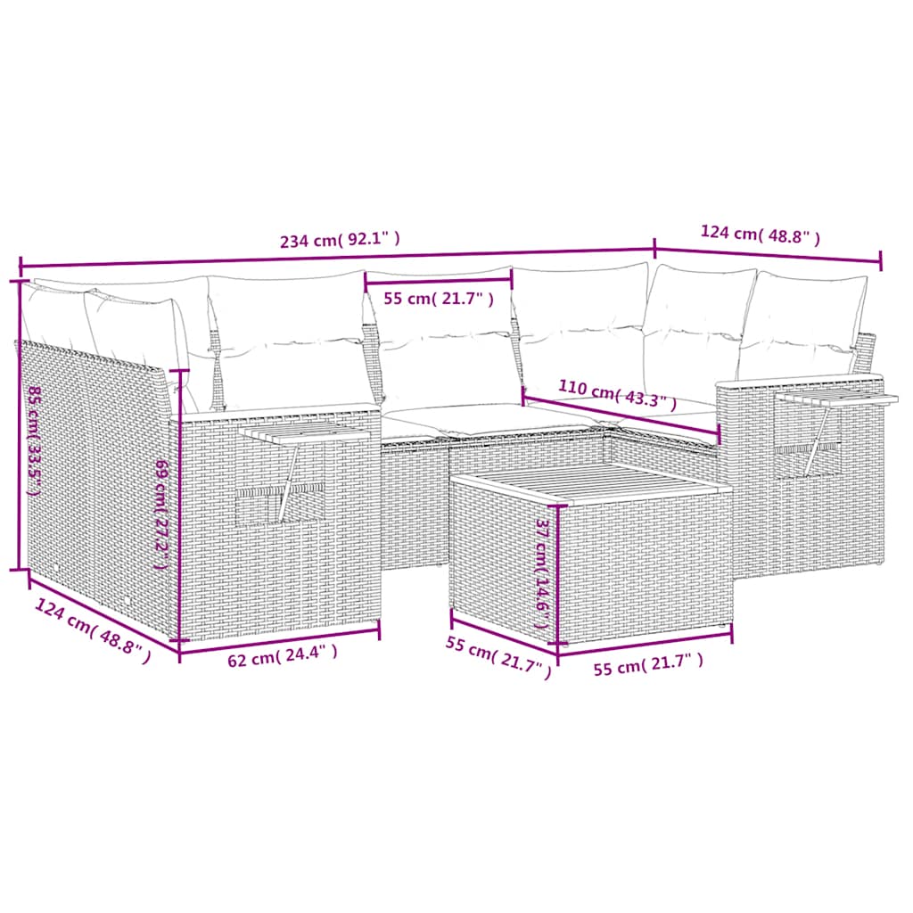 7 pcs conjunto de sofás p/ jardim com almofadões vime PE bege