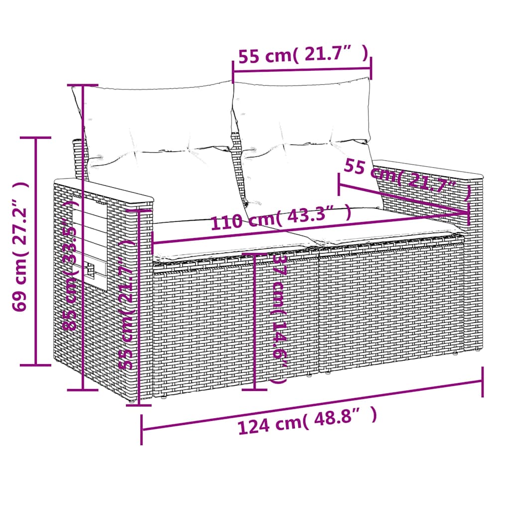 7 pcs conjunto de sofás p/ jardim com almofadões vime PE bege