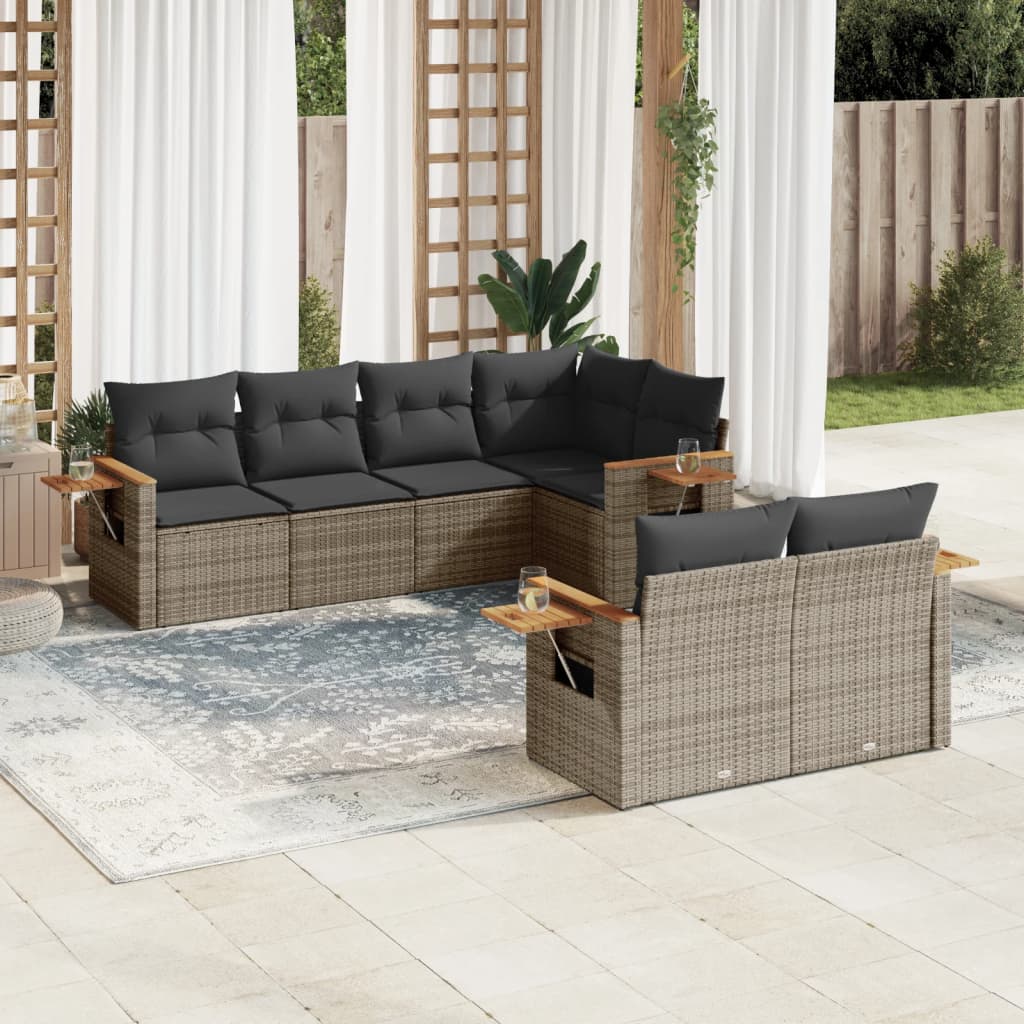 7 pcs conjunto sofás p/ jardim c/ almofadões vime PE cinzento