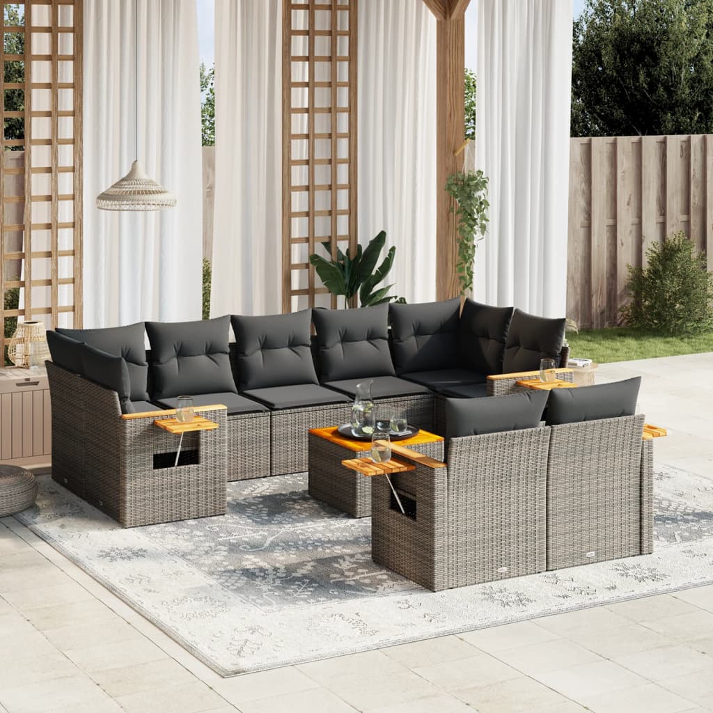 10 pcs conjunto sofás de jardim c/ almofadões vime PE cinzento