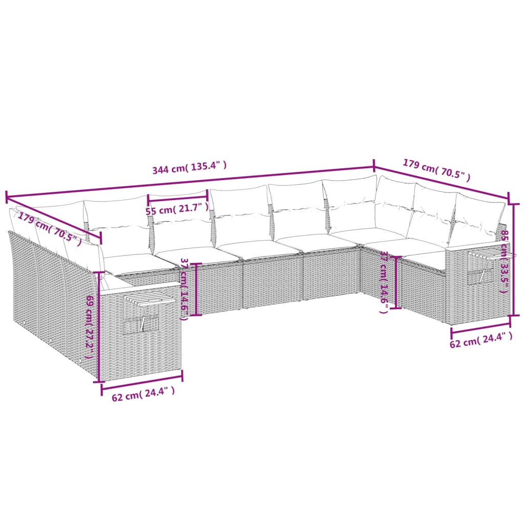 10 pcs conjunto de sofás p/ jardim c/ almofadões vime PE preto