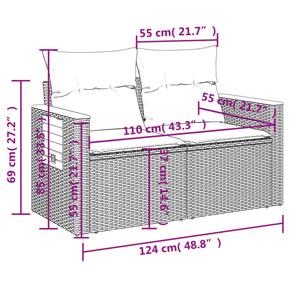 10 pcs conjunto de sofás p/ jardim c/ almofadões vime PE preto
