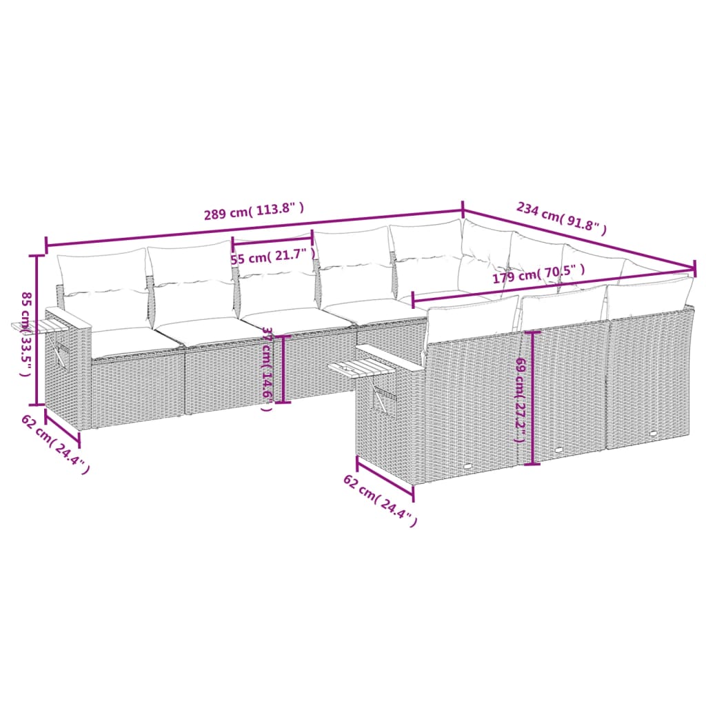 10 pcs conjunto de sofás p/ jardim c/ almofadões vime PE preto