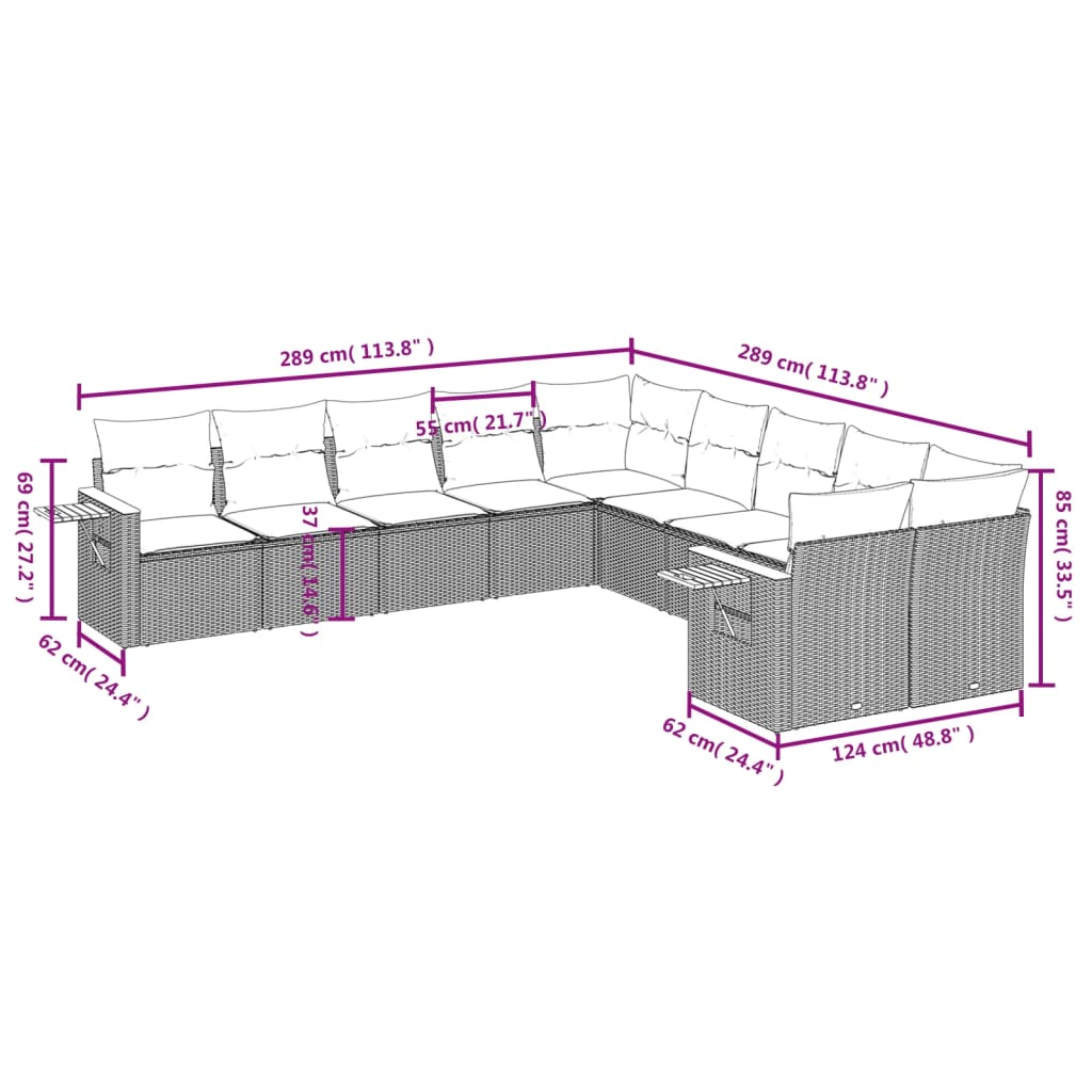10 pcs conjunto de sofás p/ jardim c/ almofadões vime PE preto