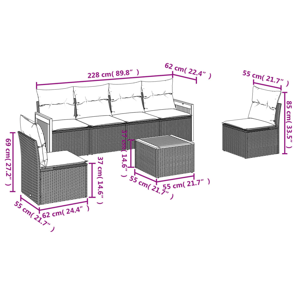 7 pcs conjunto de sofás p/ jardim com almofadões vime PE bege