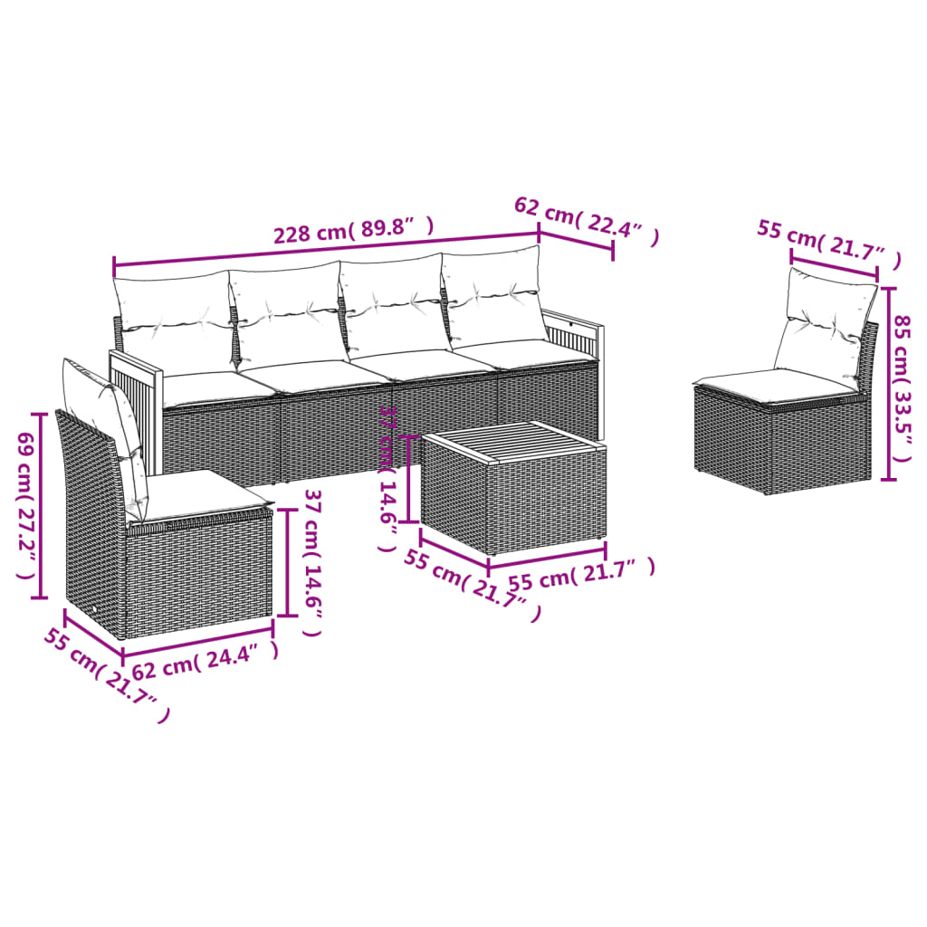 7 pcs conjunto sofás p/ jardim c/ almofadões vime PE cinzento