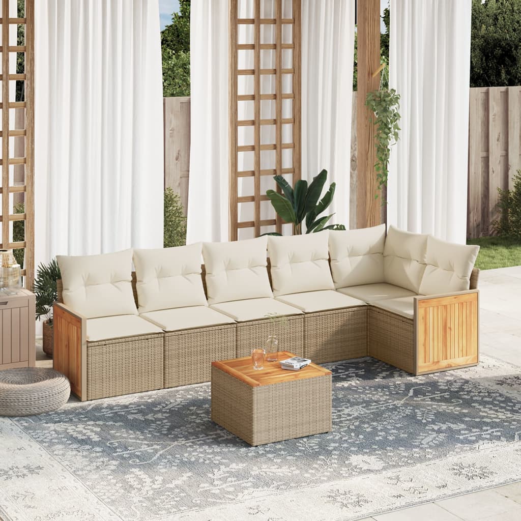 7 pcs conjunto de sofás p/ jardim com almofadões vime PE bege