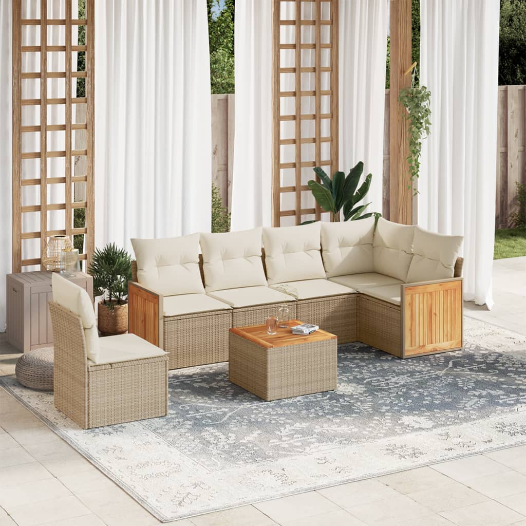 7 pcs conjunto de sofás p/ jardim com almofadões vime PE bege