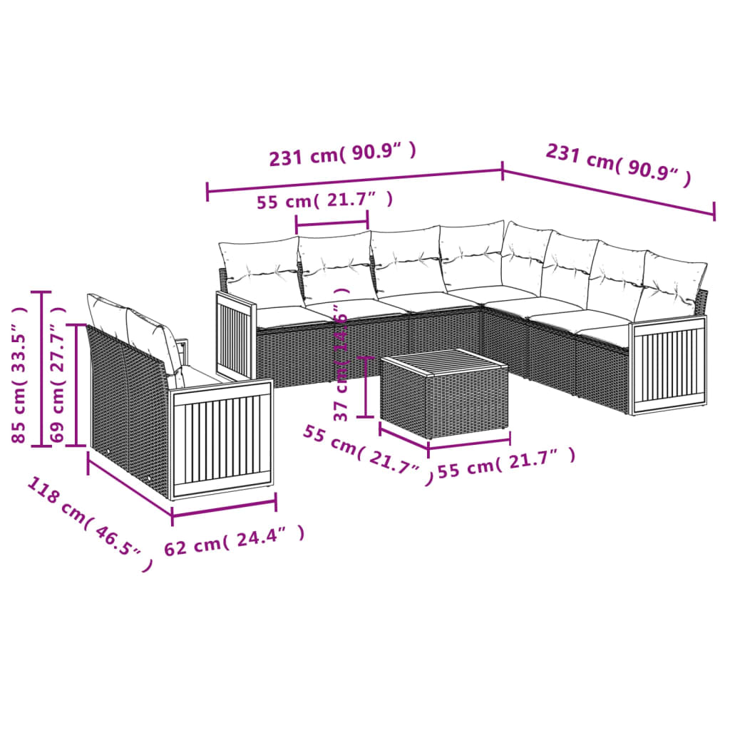 10 pcs conjunto sofás de jardim c/ almofadões vime PE cinzento