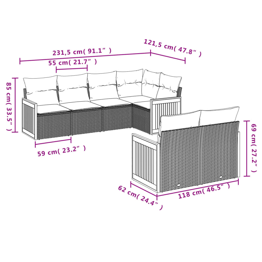 7 pcs conjunto sofás p/ jardim c/ almofadões vime PE cinzento