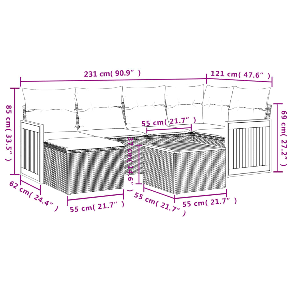 7 pcs conjunto sofás p/ jardim c/ almofadões vime PE cinzento