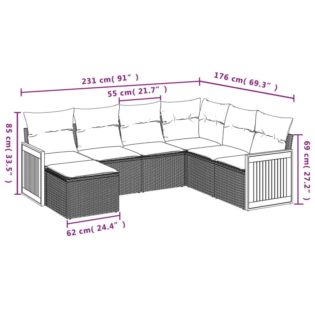 7 pcs conjunto sofás p/ jardim c/ almofadões vime PE cinzento