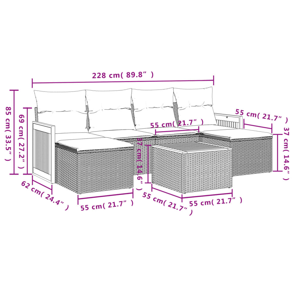 7 pcs conjunto sofás p/ jardim c/ almofadões vime PE cinzento