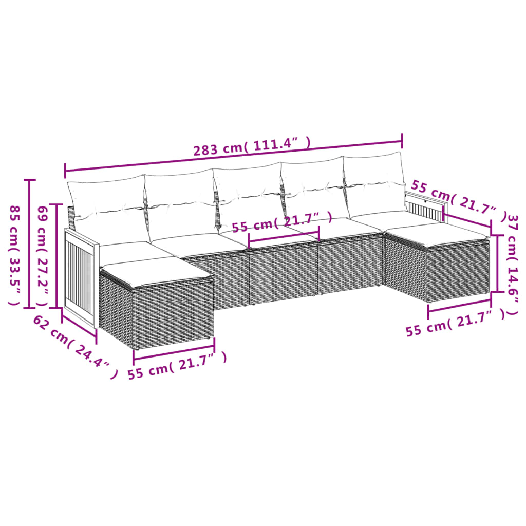 7 pcs conjunto sofás p/ jardim c/ almofadões vime PE cinzento