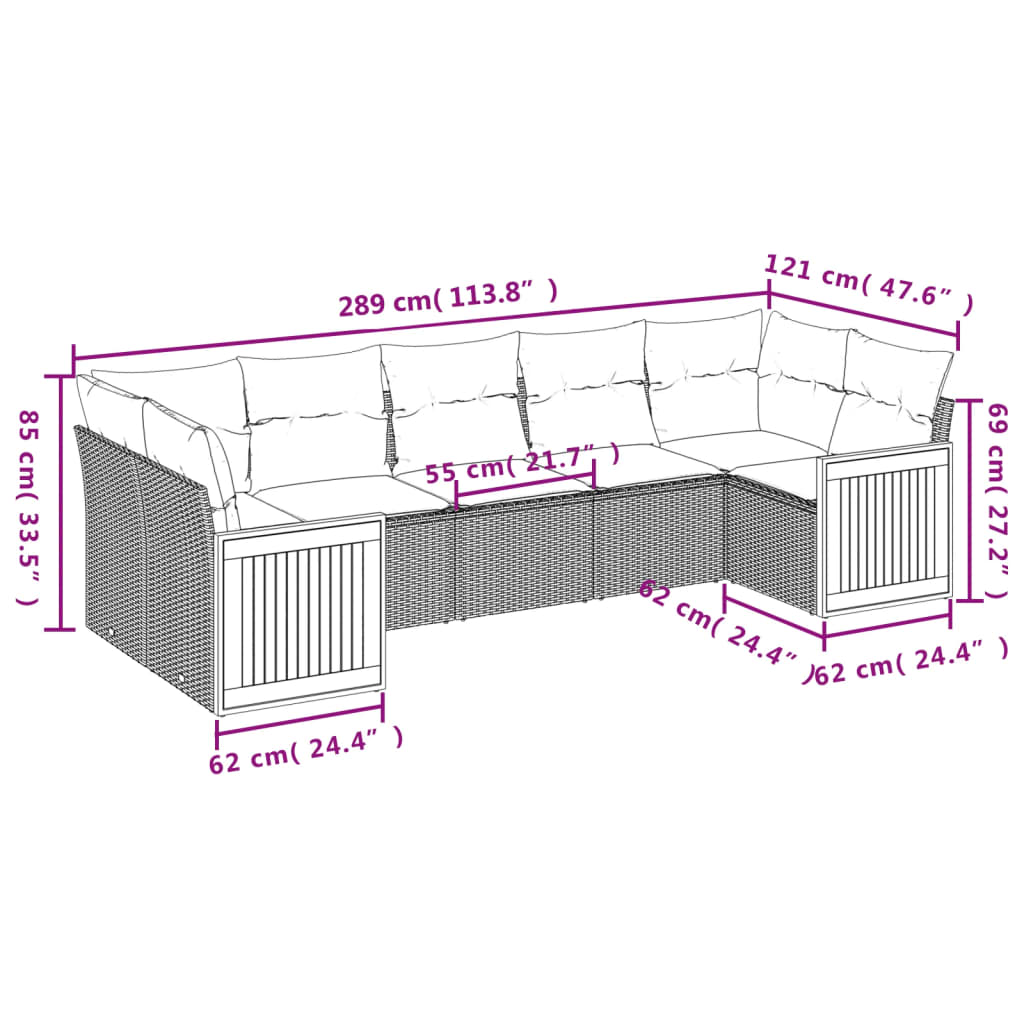 7 pcs conjunto sofás p/ jardim c/ almofadões vime PE cinzento