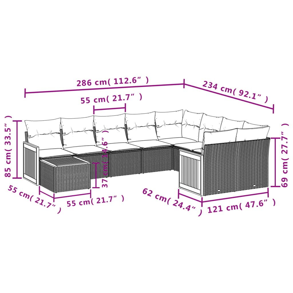 10 pcs conjunto de sofás p/ jardim com almofadões vime PE bege