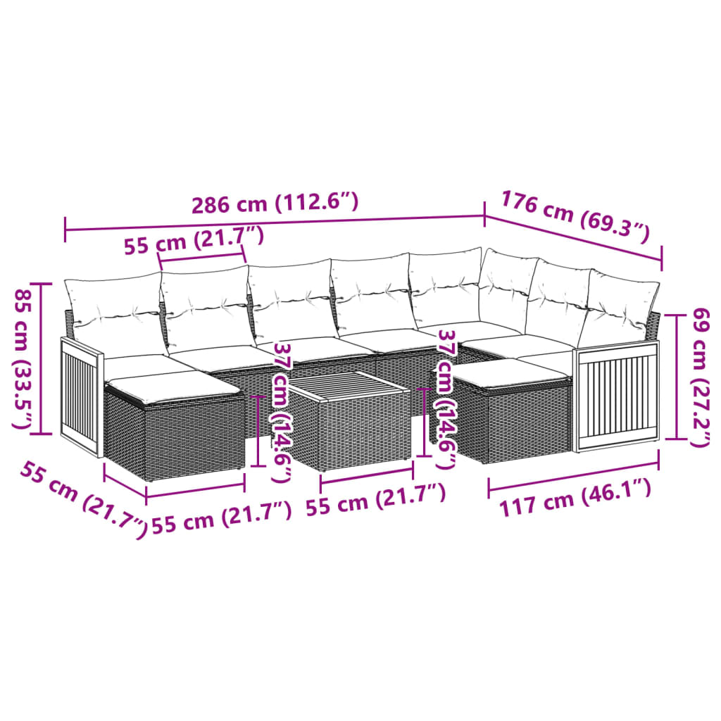 10 pcs conjunto sofás de jardim c/ almofadões vime PE preto