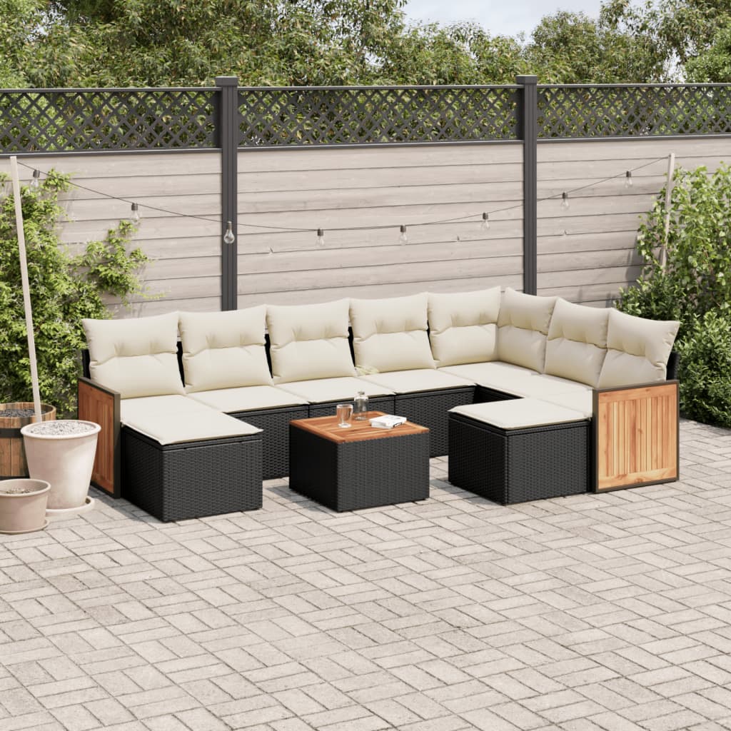 10 pcs conjunto sofás de jardim c/ almofadões vime PE preto