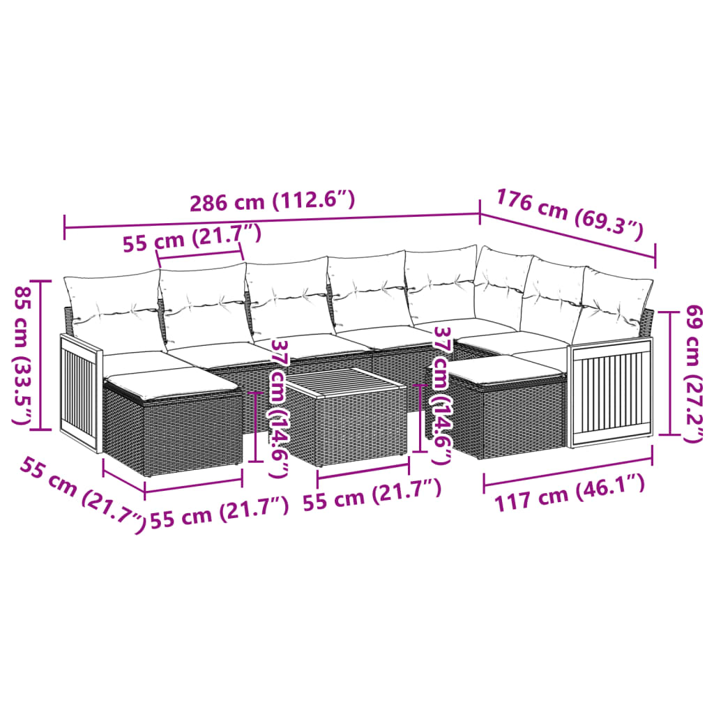 10 pcs conjunto de sofás p/ jardim com almofadões vime PE bege