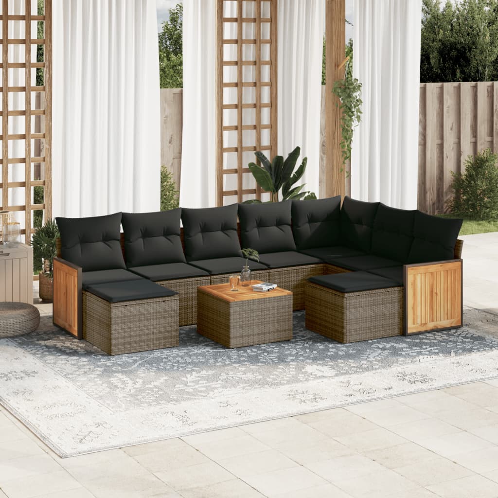 10 pcs conjunto sofás de jardim c/ almofadões vime PE cinzento