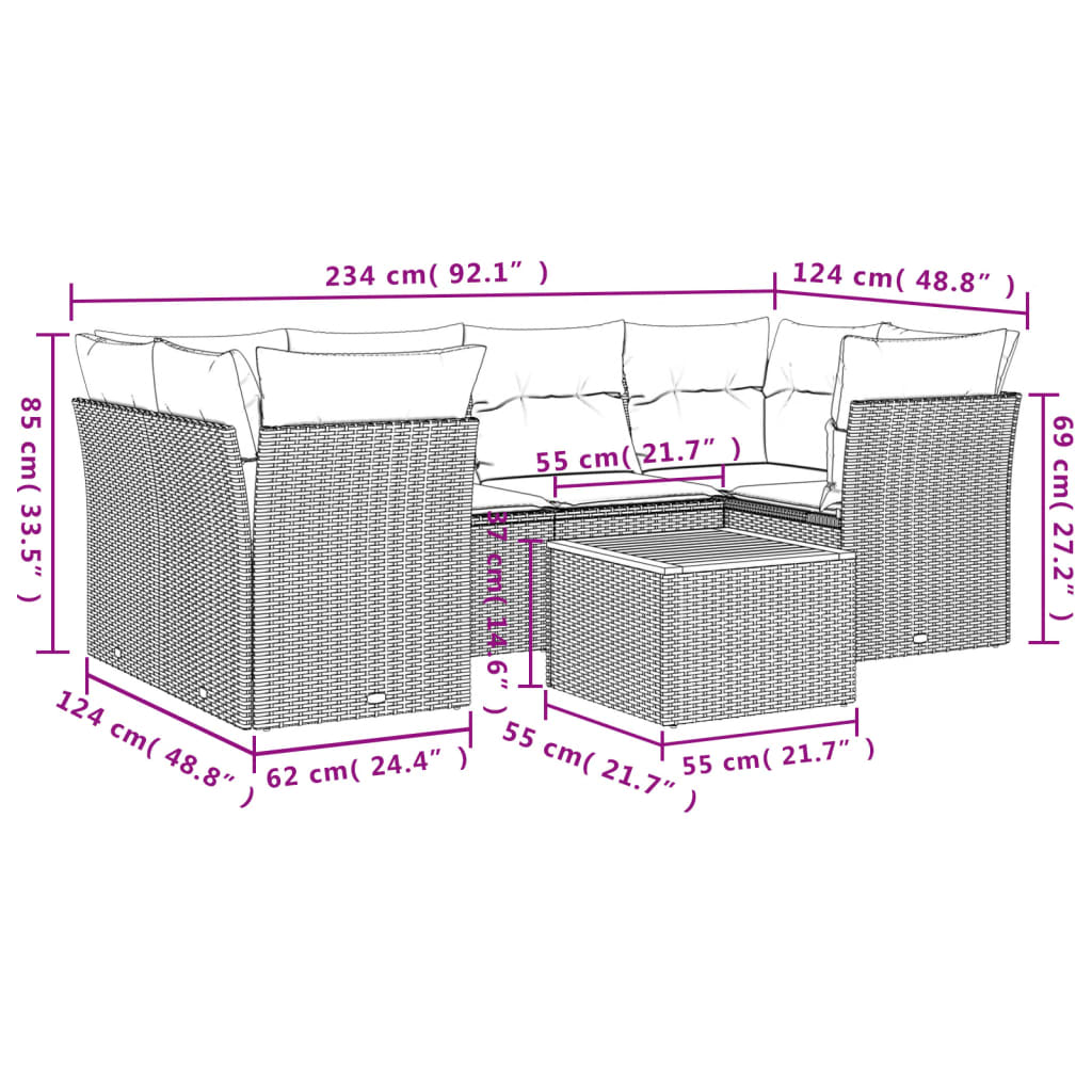 7 pcs conjunto de sofás p/ jardim com almofadões vime PE bege
