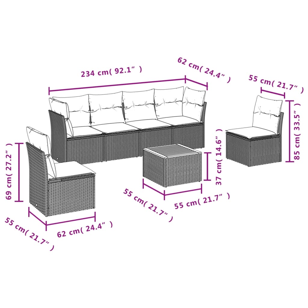 7 pcs conjunto de sofás p/ jardim com almofadões vime PE bege