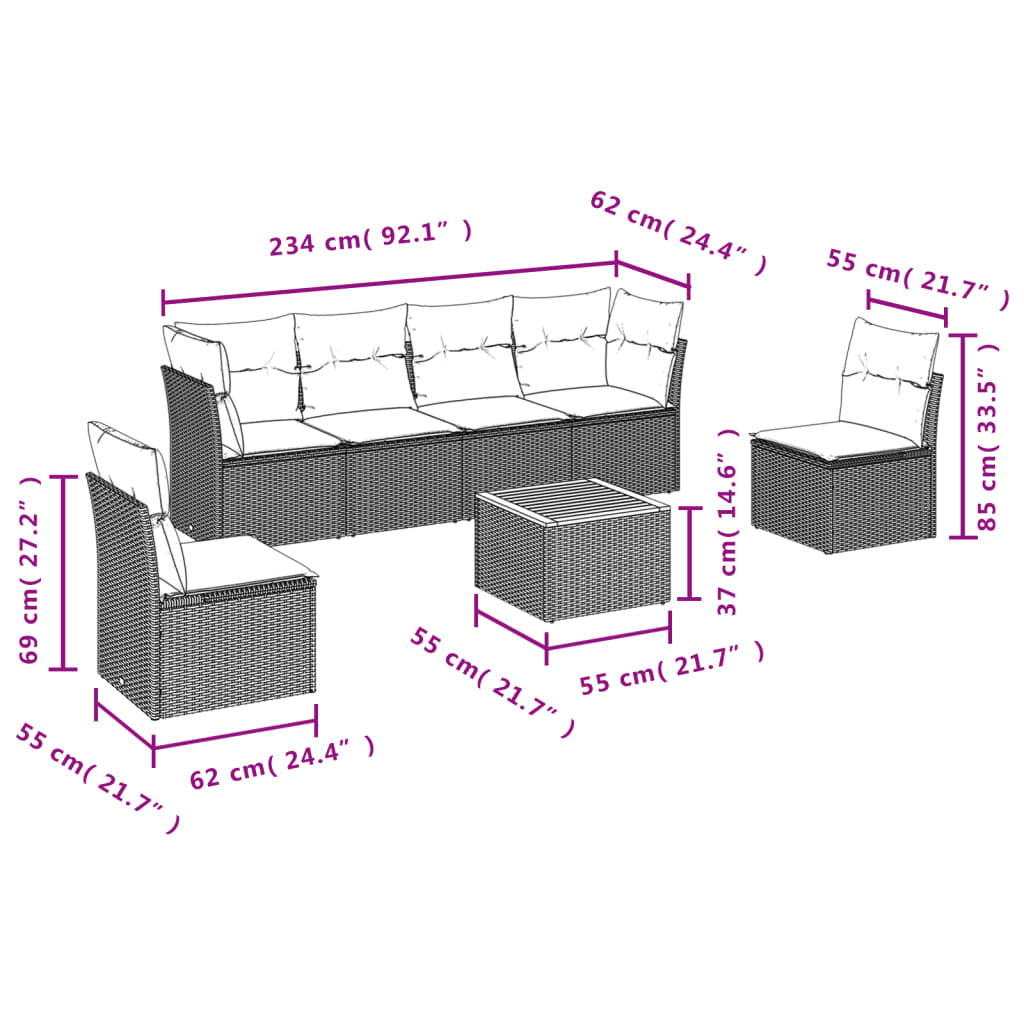 7 pcs conjunto de sofás p/ jardim com almofadões vime PE bege