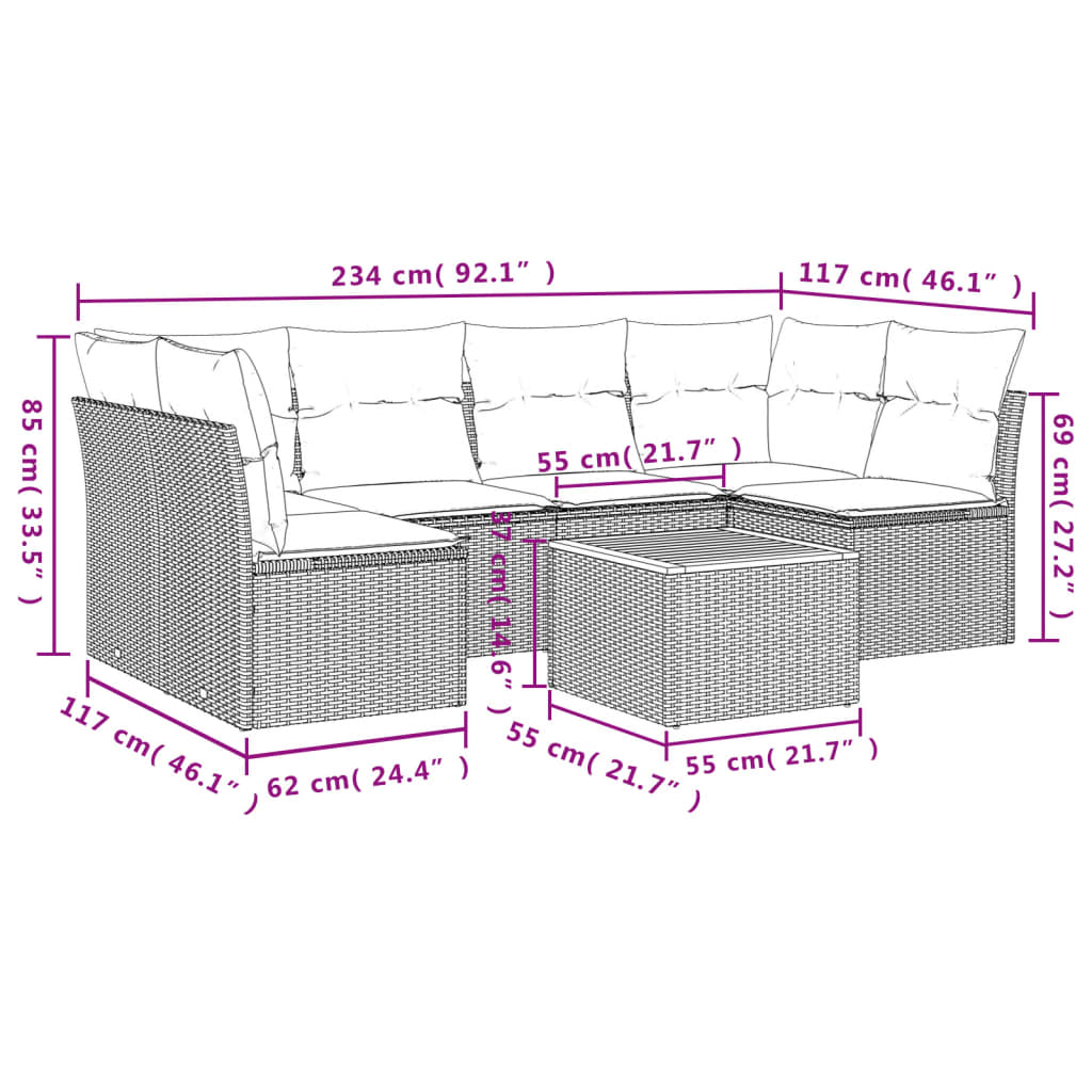 7 pcs conjunto de sofás p/ jardim com almofadões vime PE bege