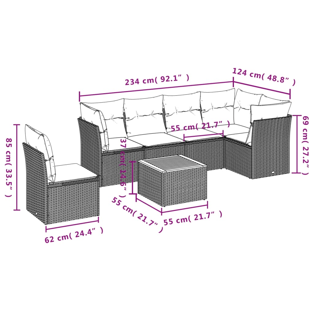 7 pcs conjunto de sofás p/ jardim com almofadões vime PE bege