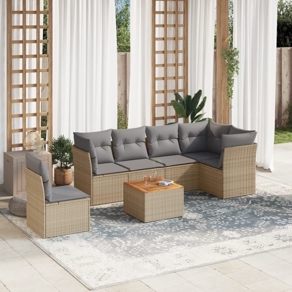 7 pcs conjunto de sofás p/ jardim com almofadões vime PE bege