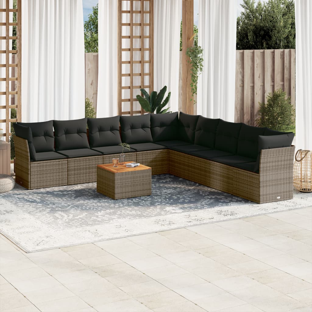 10 pcs conjunto sofás de jardim c/ almofadões vime PE cinzento