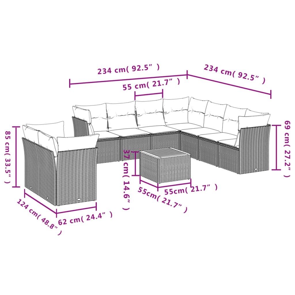 10 pcs conjunto sofás de jardim c/ almofadões vime PE cinzento