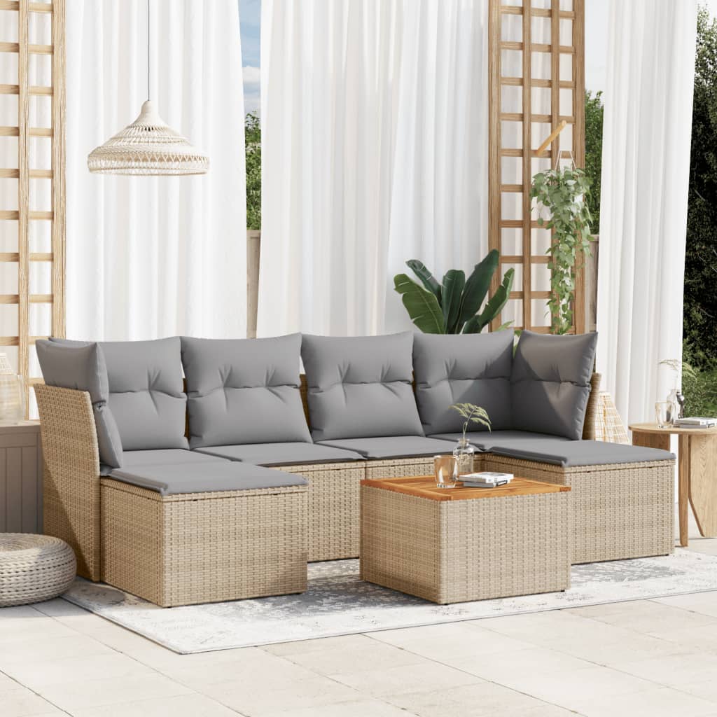 7 pcs conjunto de sofás p/ jardim com almofadões vime PE bege