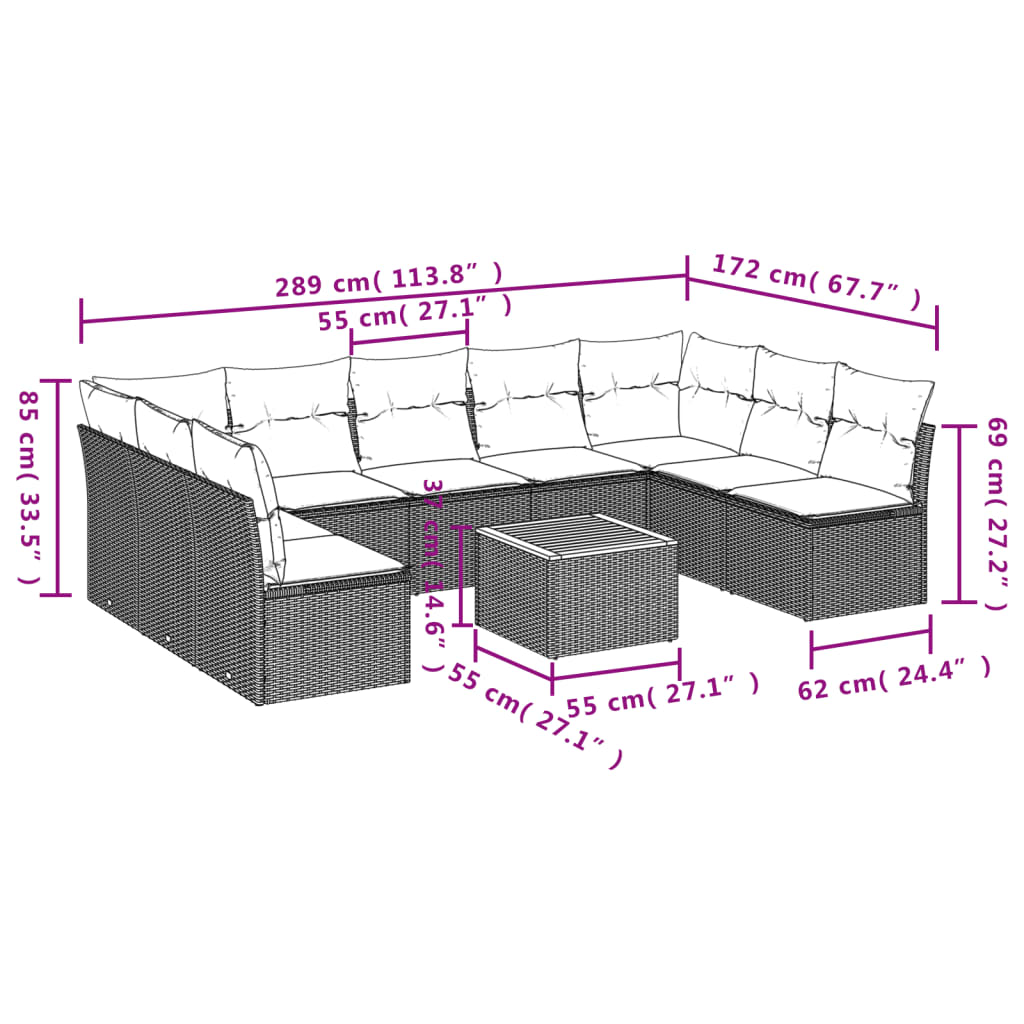 10 pcs conjunto de sofás p/ jardim com almofadões vime PE bege