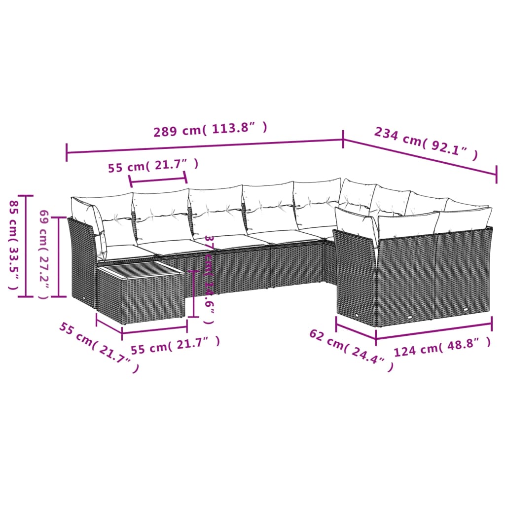 10 pcs conjunto de sofás p/ jardim com almofadões vime PE bege