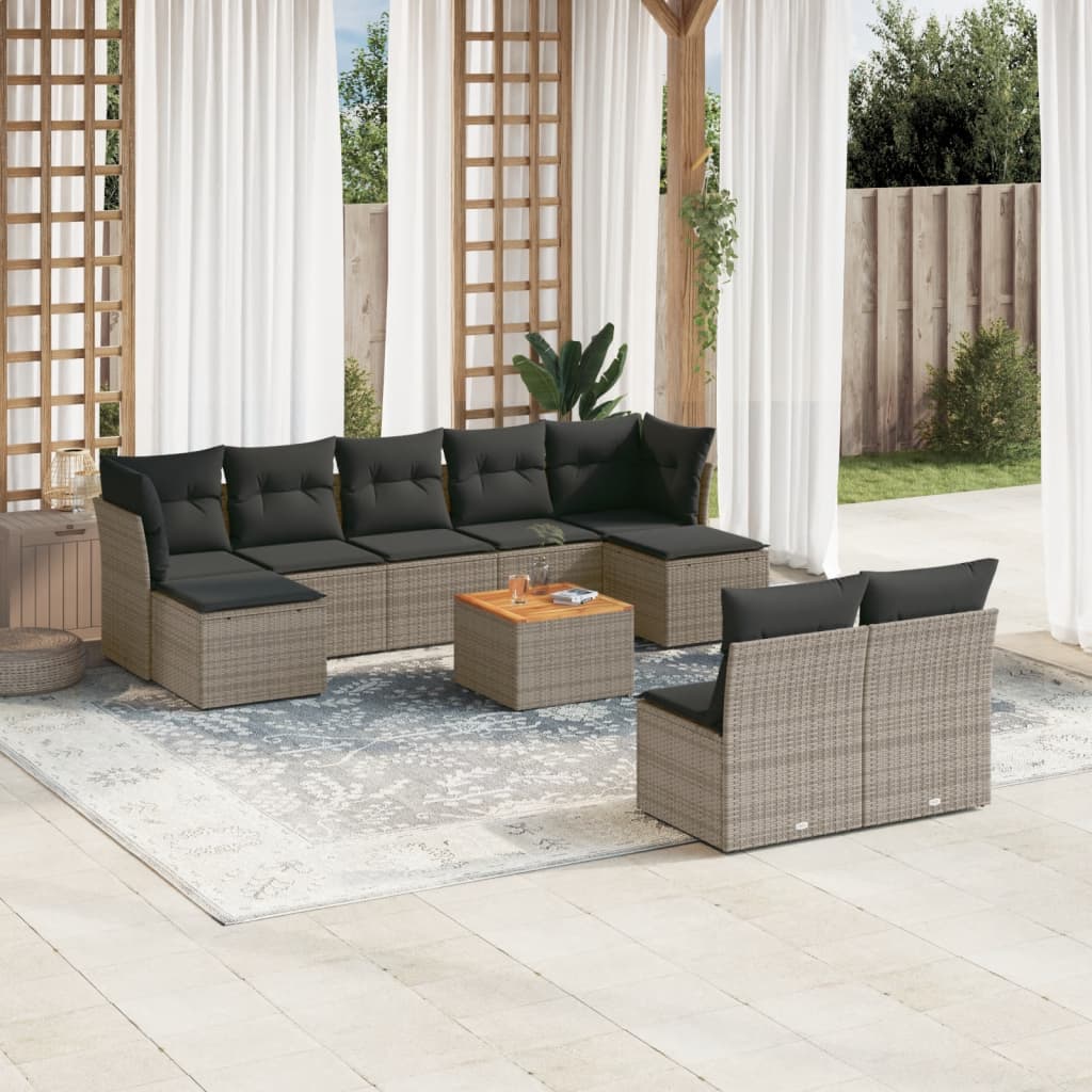 10 pcs conjunto sofás de jardim c/ almofadões vime PE cinzento