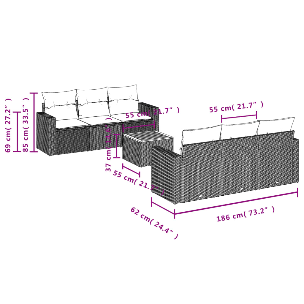 7 pcs conjunto de sofás p/ jardim com almofadões vime PE bege