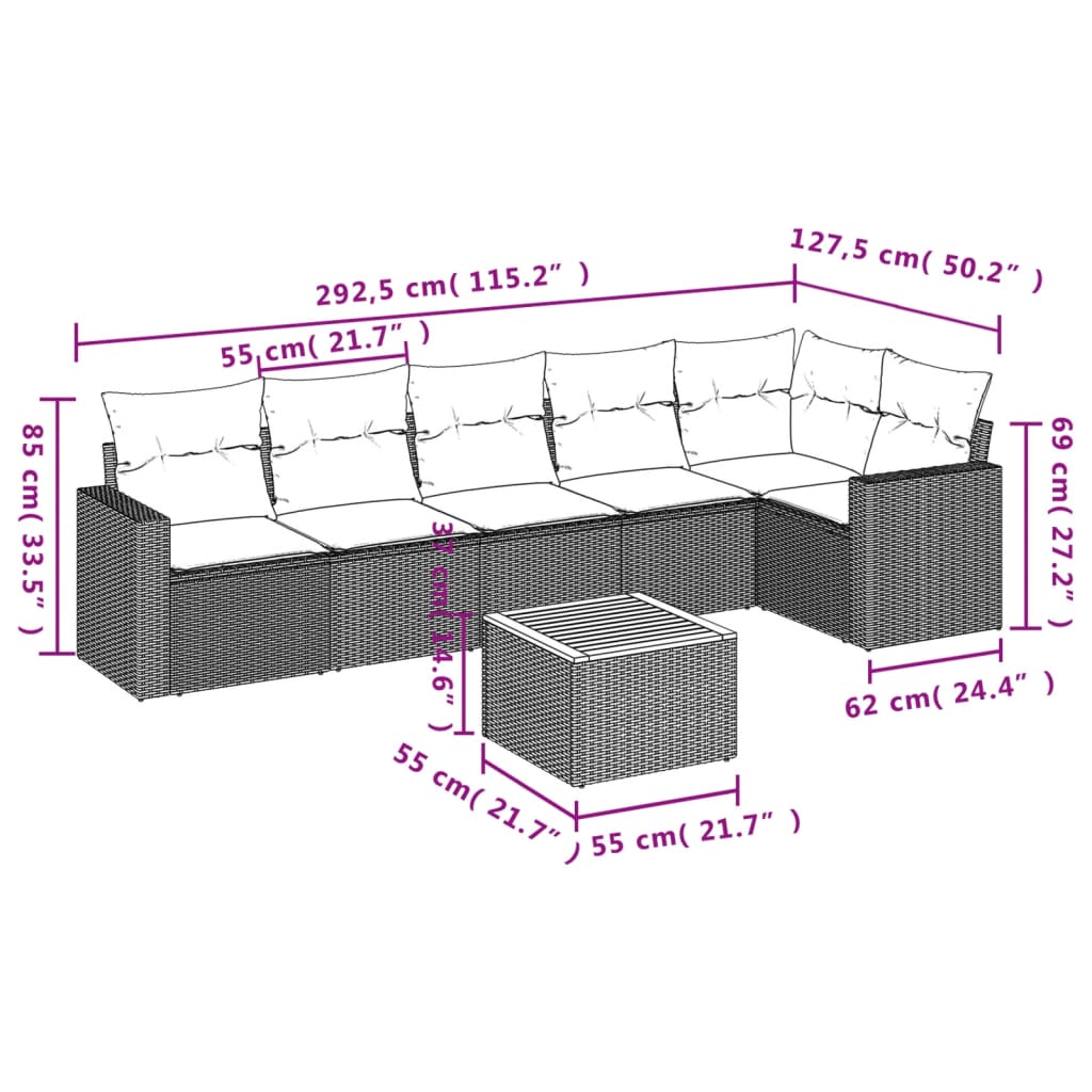 7 pcs conjunto de sofás p/ jardim com almofadões vime PE bege