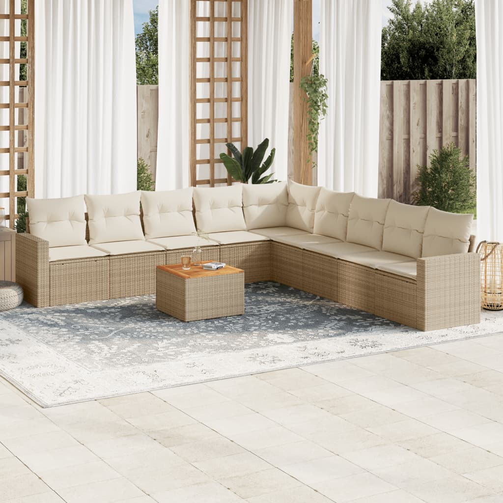 10 pcs conjunto de sofás p/ jardim com almofadões vime PE bege
