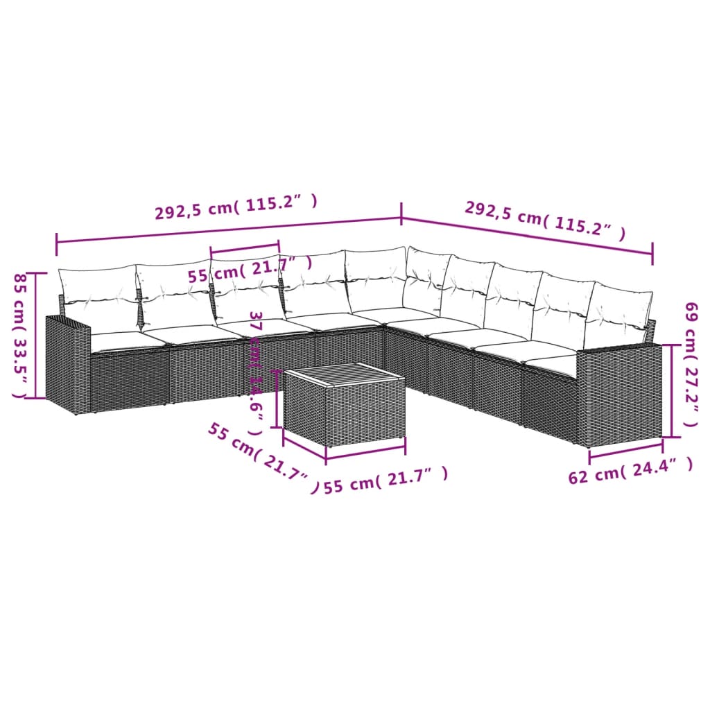 10 pcs conjunto de sofás p/ jardim com almofadões vime PE bege