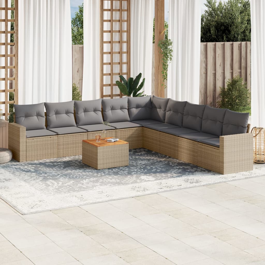 10 pcs conjunto de sofás p/ jardim com almofadões vime PE bege