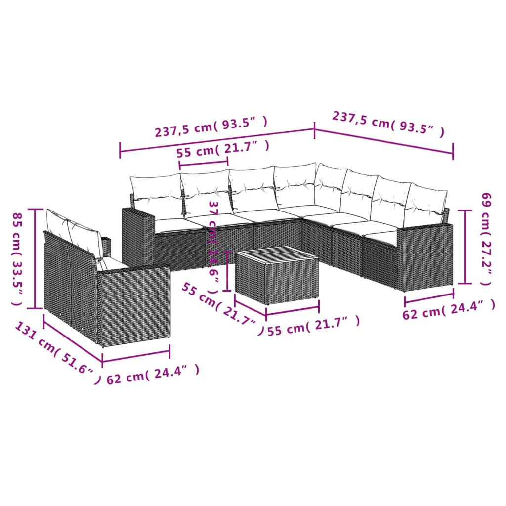 10 pcs conjunto de sofás p/ jardim com almofadões vime PE bege