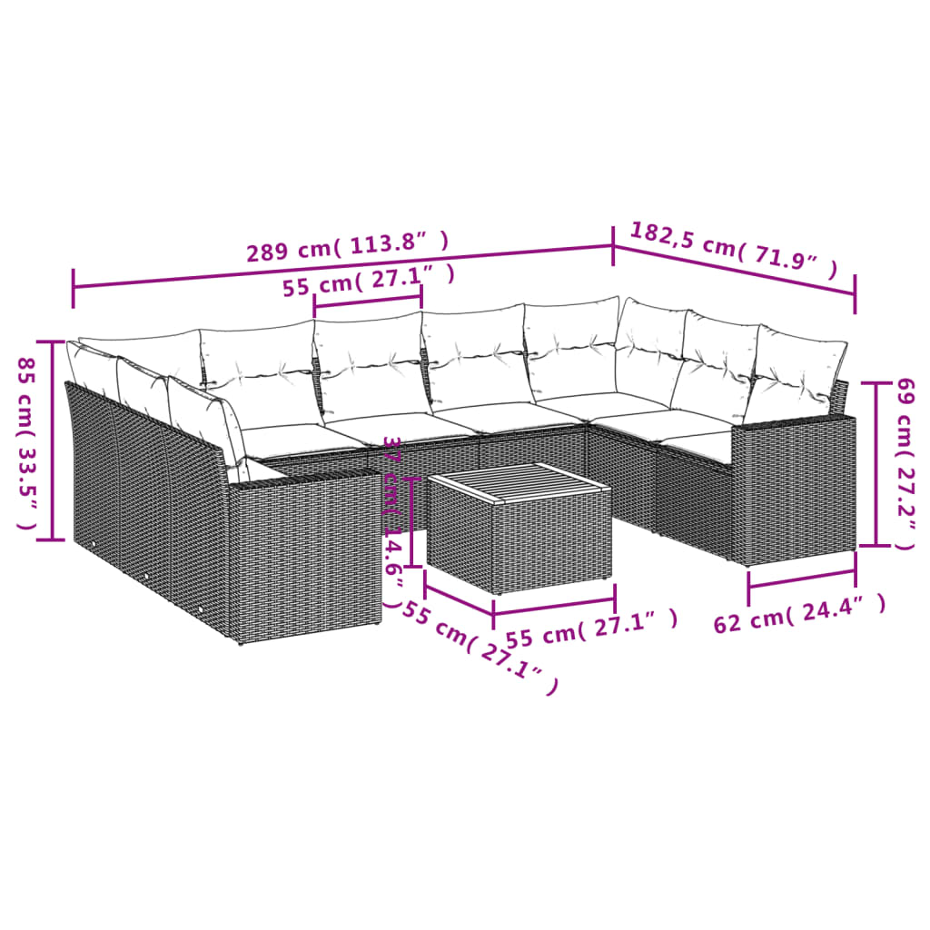 10 pcs conjunto de sofás p/ jardim com almofadões vime PE bege