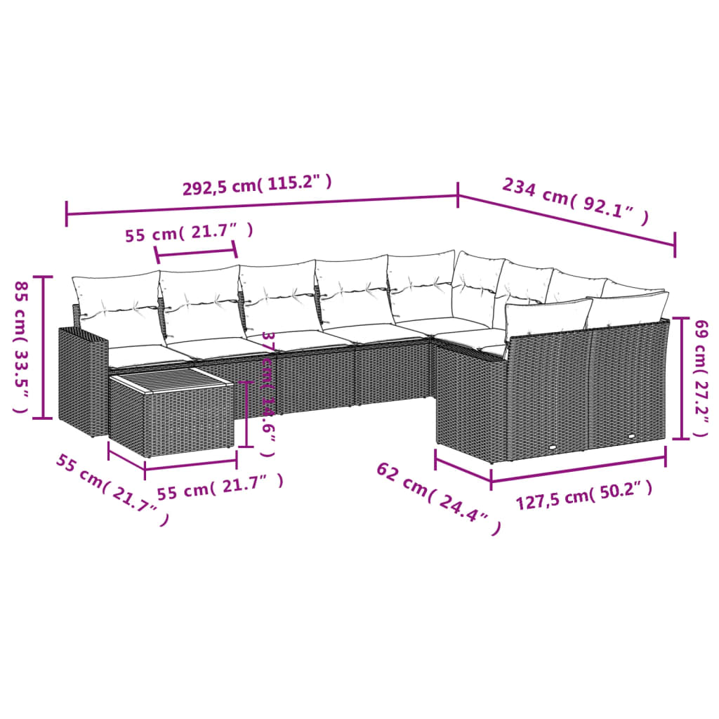 10 pcs conjunto de sofás p/ jardim com almofadões vime PE bege