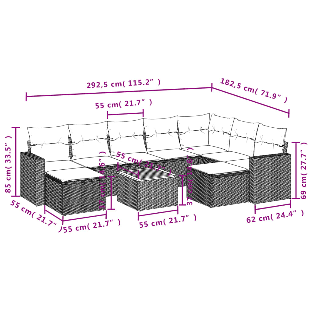 10 pcs conjunto de sofás p/ jardim com almofadões vime PE bege