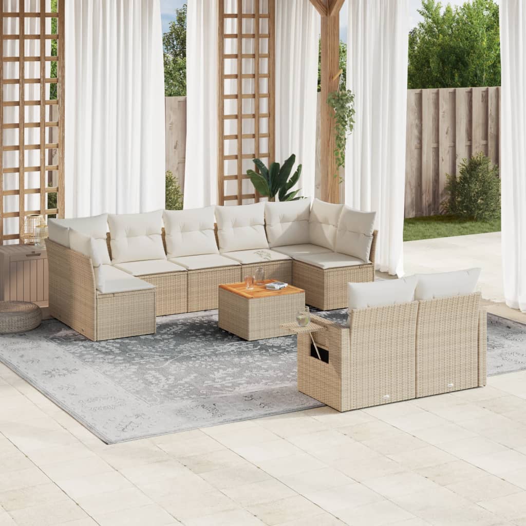 10 pcs conjunto de sofás p/ jardim com almofadões vime PE bege