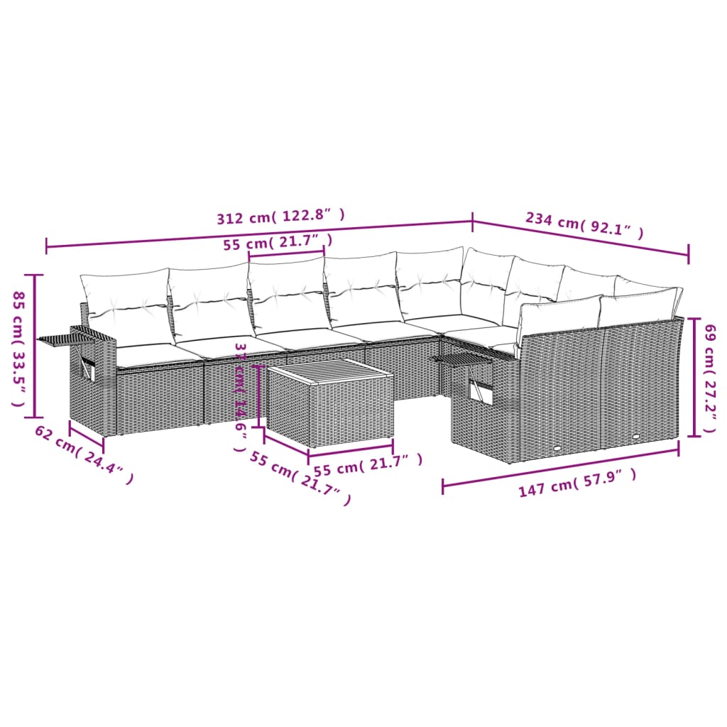 10 pcs conjunto de sofás p/ jardim com almofadões vime PE bege