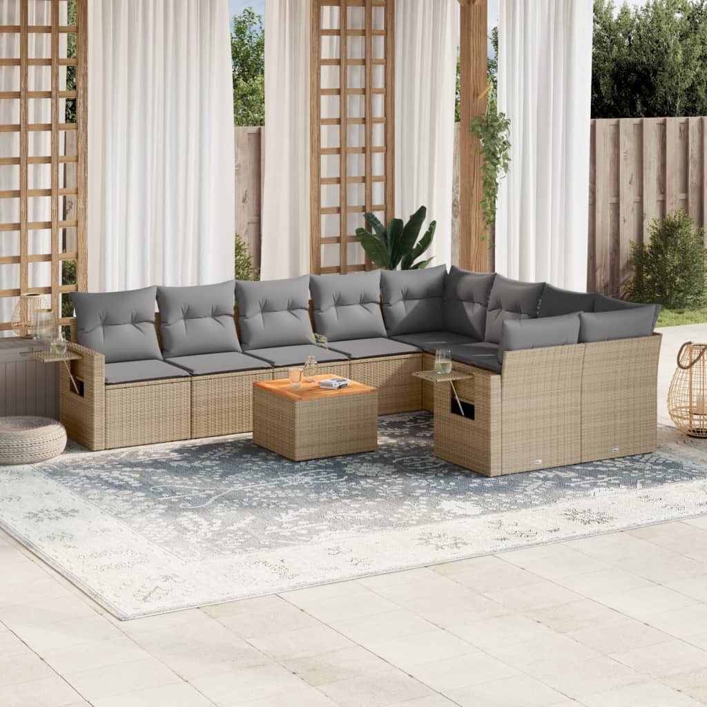 10 pcs conjunto de sofás p/ jardim com almofadões vime PE bege