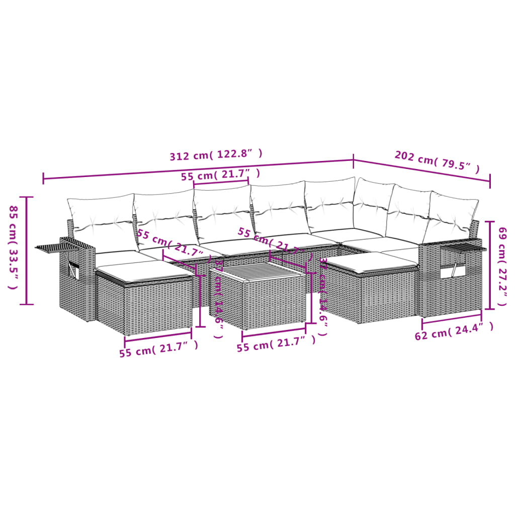 10 pcs conjunto de sofás p/ jardim com almofadões vime PE bege
