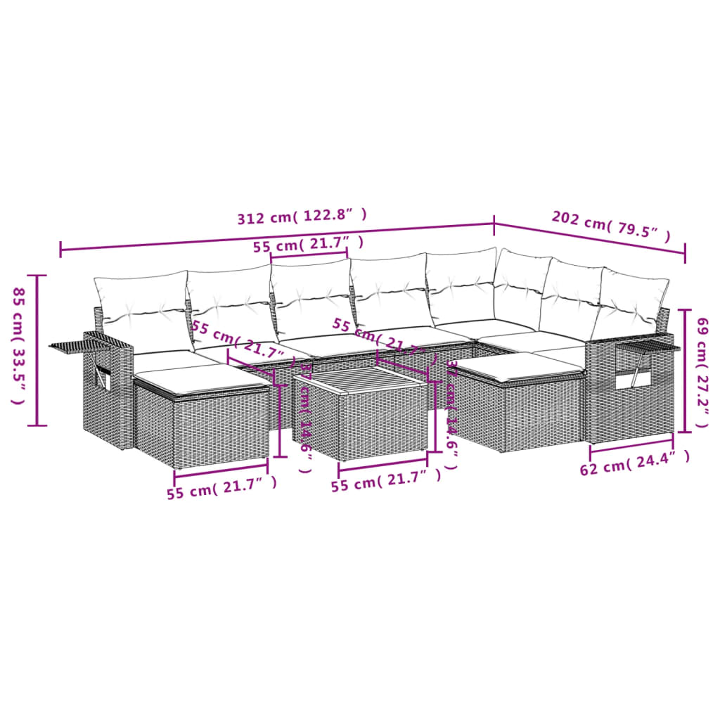 10 pcs conjunto de sofás p/ jardim com almofadões vime PE bege
